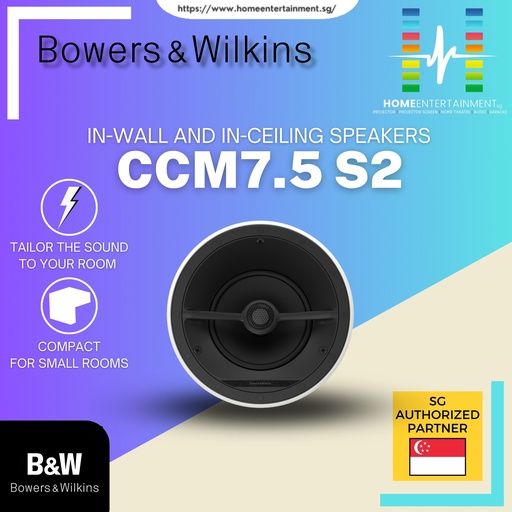 B&W Bowers & Wilkins CCM7.5 S2 Reference Series - Compact 2-way in-ceiling speaker featuring a Carbon Dome tweeter and large 7-in Continuum mid/bass driver