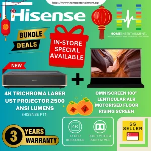 (Hisense PT1 Home Cinema Bundle) Get the Hisense PT1 Ultra Short Throw Laser Projector + 100" Motorised Floor Rising Screen In One Exclusive Package Deal. Create Your Very Own Big-Screen Experience, Limited Stocks Available!
