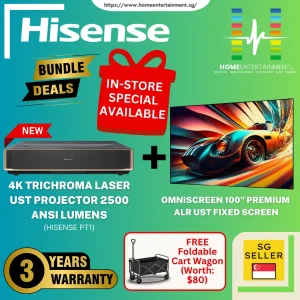 (Hisense PT1 Home Cinema Bundle) Get the Hisense PT1 Ultra Short Throw Laser Projector + 100" Premium ALR UST Fixed Screen In One Exclusive Package Deal. Create Your Very Own Big-Screen Experience — Limited Stocks Available!