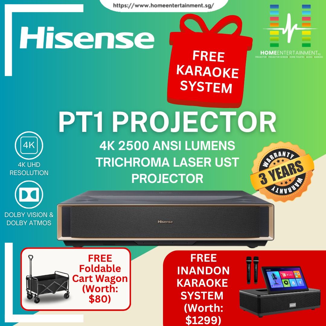 Hisense PT1 4K TriChroma Laser Cinema (up to 150"), 2,500 ANSI LUMENS (3 Years Warranty)